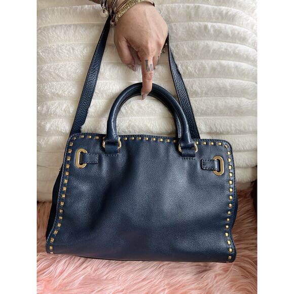 Michael Kors Navy Blue & Gold Studded Crossbody Satchel - Picture 2 of 9